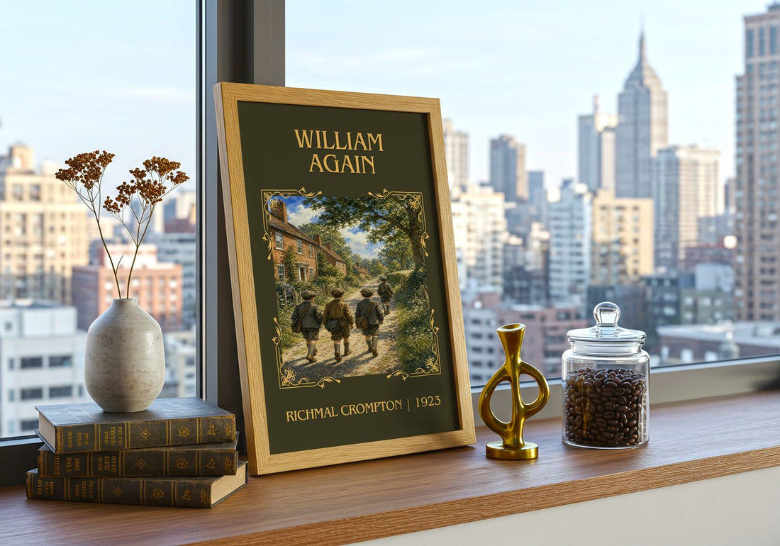 William Again Classic Book Art Print by Richmal Crompton – framed print on a city-view windowsill