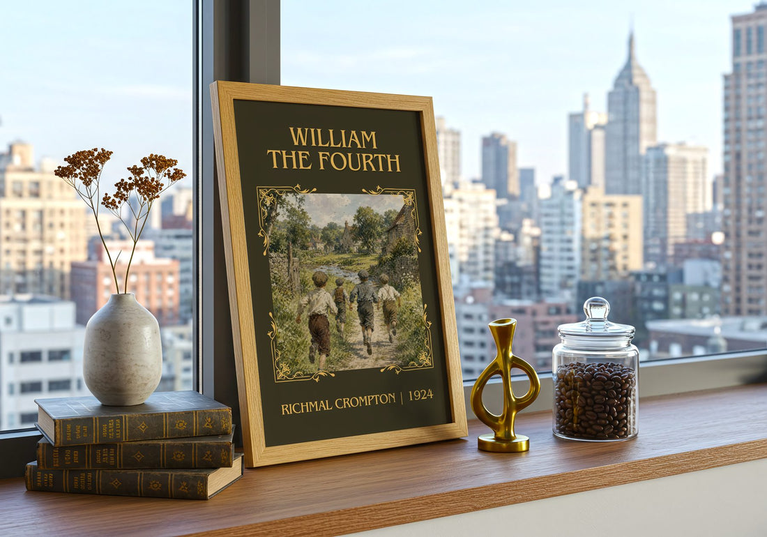 William the Fourth Classic Book Art Print by Richmal Crompton – framed print on a city-view windowsill