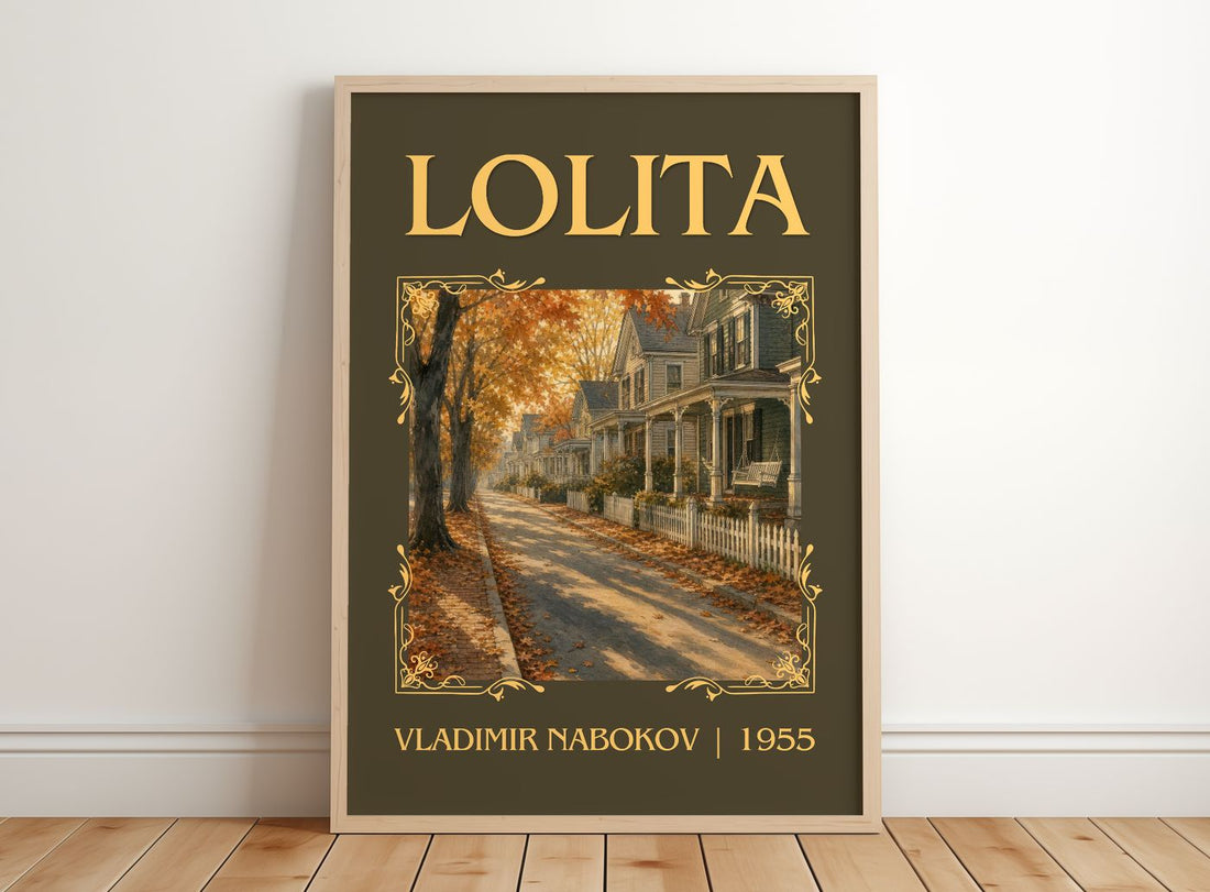 Lolita Classic Book Art Print by Vladimir Nabokov – framed print leaning on a wooden floor
