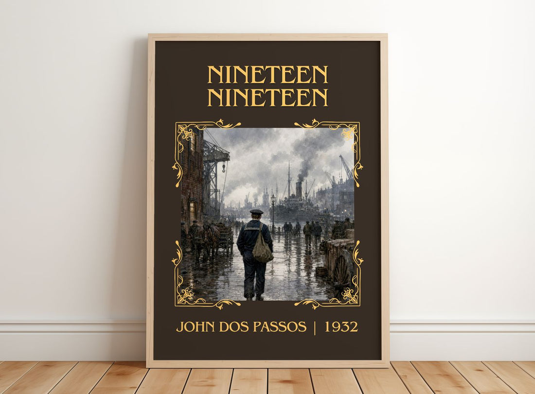 Nineteen Nineteen Classic Book Art Print by John Dos Passos – framed print leaning on a wooden floor