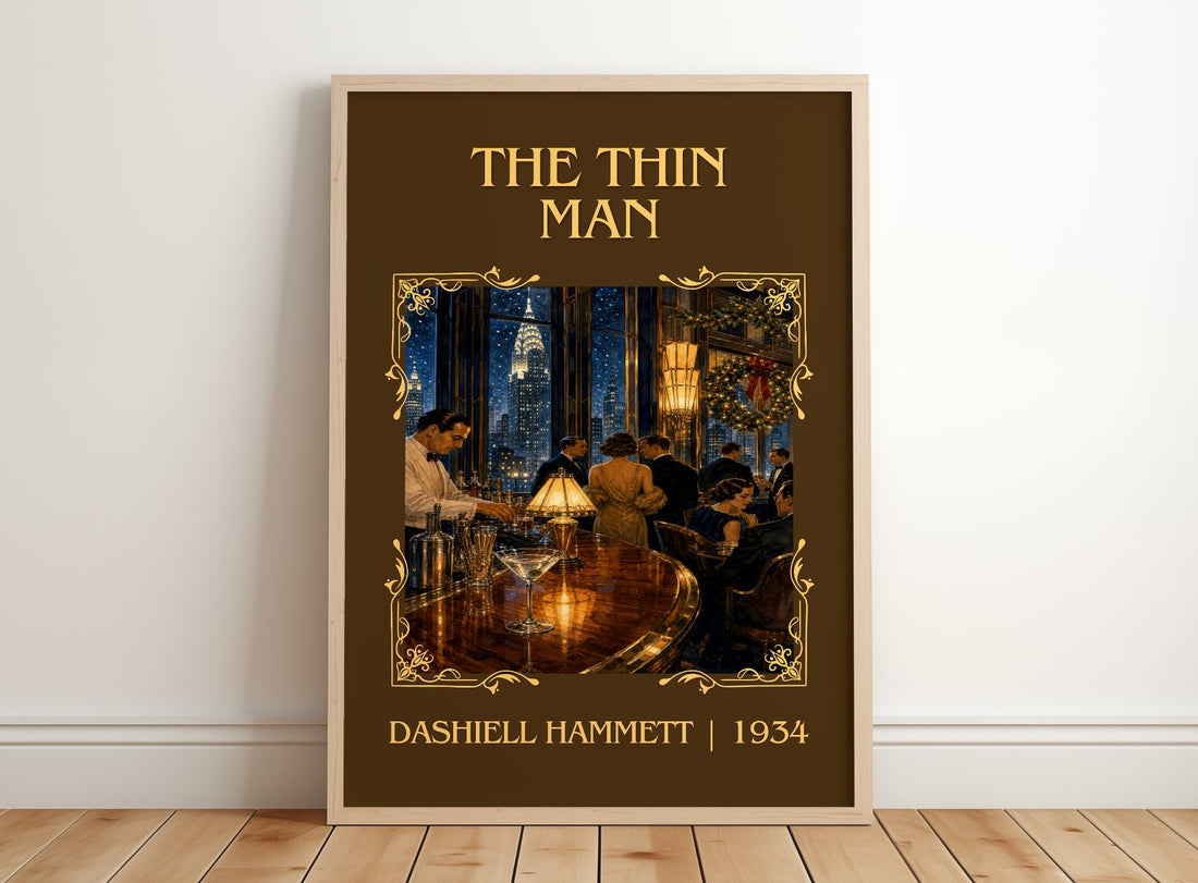 The Thin Man Classic Book Art Print by Dashiell Hammett – framed print leaning on a wooden floor
