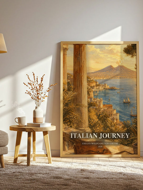 Italian Journey watercolour print in frame leaning in hallway – non fiction wall art