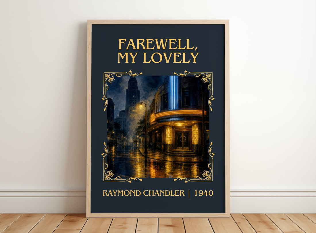 Farewell, My Lovely Classic Book Art Print by Raymond Chandler – framed print leaning on a wooden floor