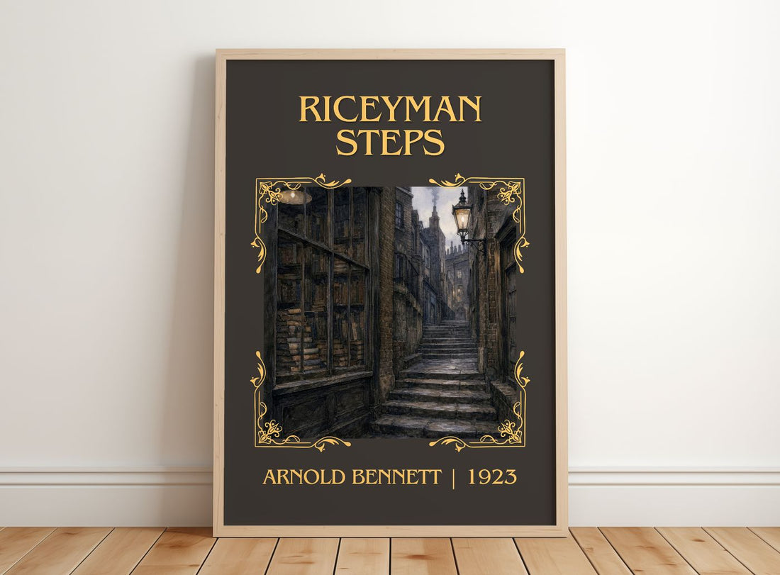 Riceyman Steps Classic Book Art Print by Arnold Bennett – framed print leaning on a wooden floor