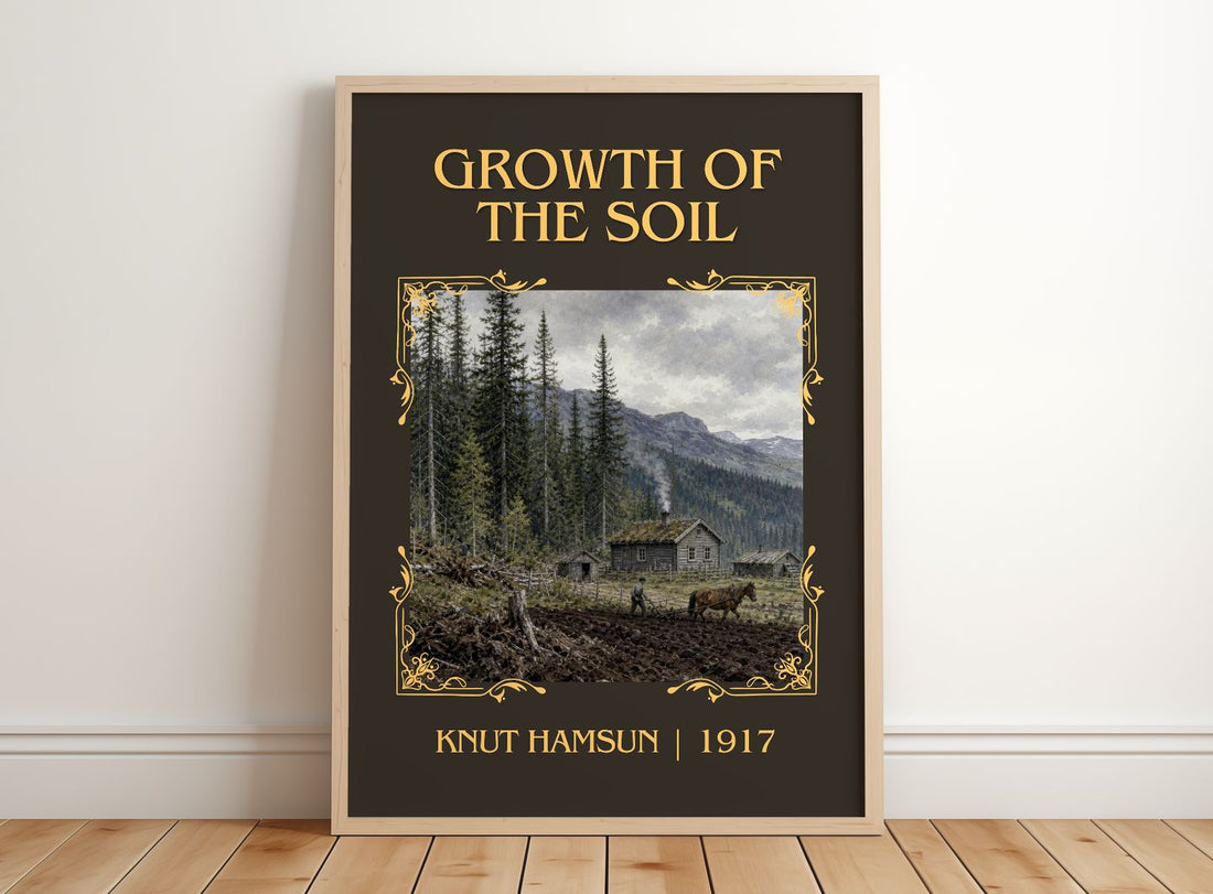 Growth of the Soil Classic Book Art Print by Knut Hamsun – framed print leaning on a wooden floor