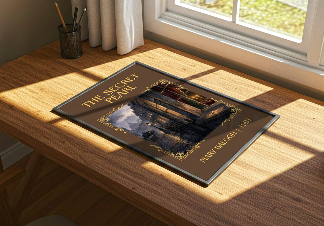The Secret Pearl Classic Book Art Print by Mary Balogh – print on a sunlit desk