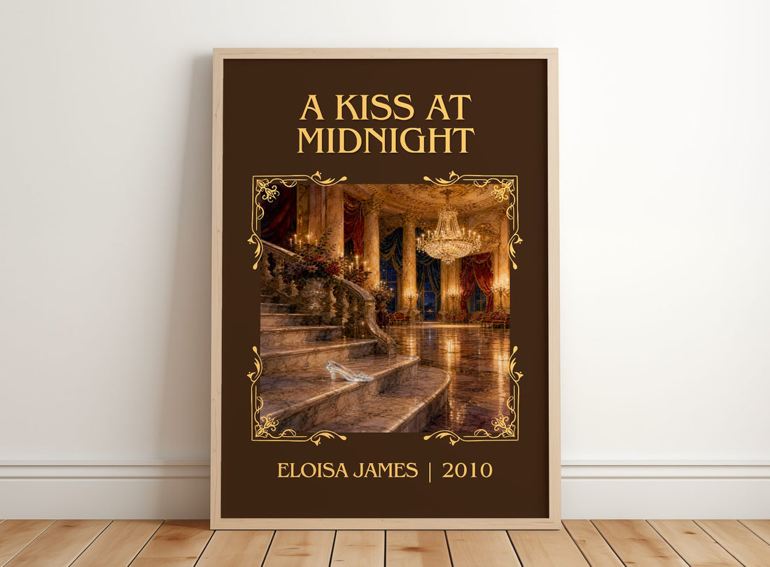 A Kiss at Midnight Classic Book Art Print by Eloisa James – framed print leaning on a wooden floor