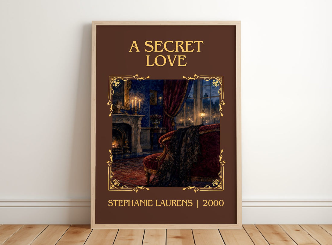 A Secret Love Classic Book Art Print by Stephanie Laurens – framed print leaning on a wooden floor
