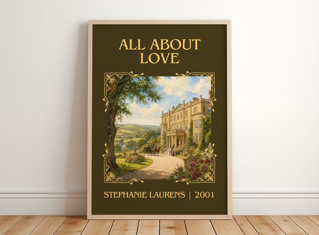 All About Love Classic Book Art Print by Stephanie Laurens – framed print leaning on a wooden floor