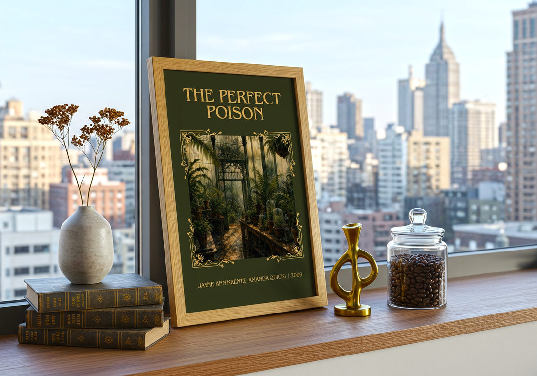 Perfect Poison Classic Book Art Print by J. Quick) – framed print on a city-view windowsill