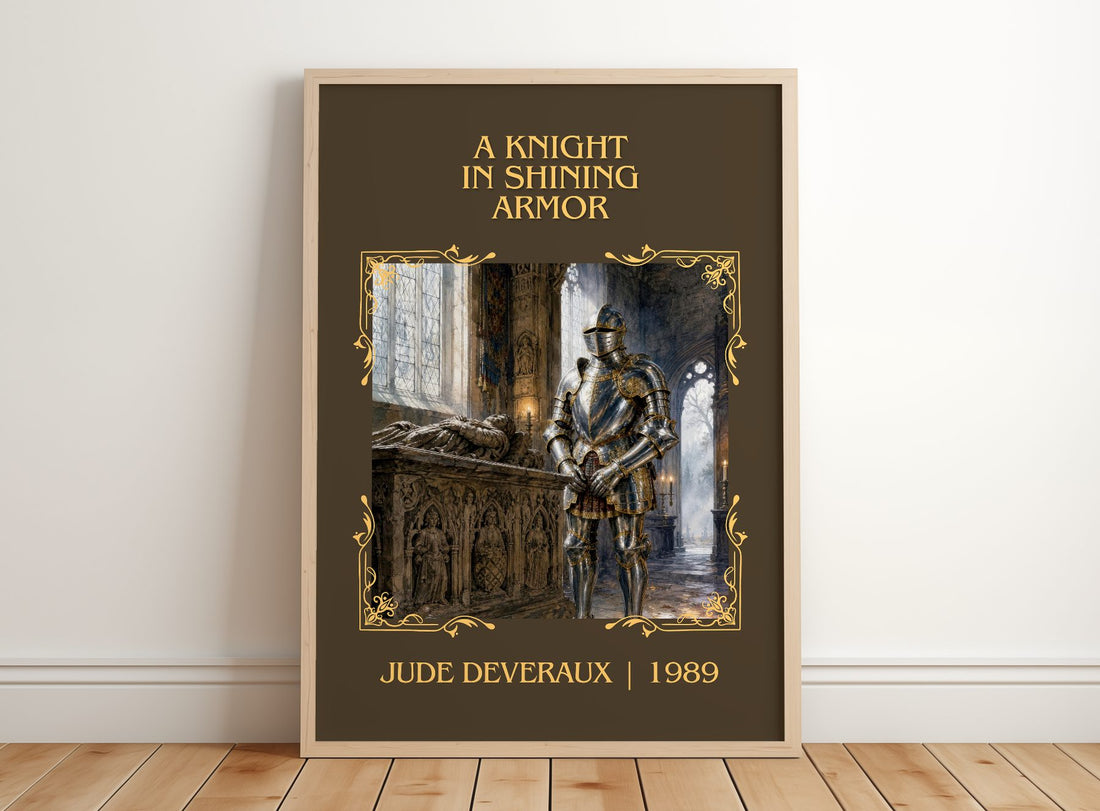 A Knight in Shining Armor Classic Book Art Print by Jude Deveraux – framed print leaning on a wooden floor