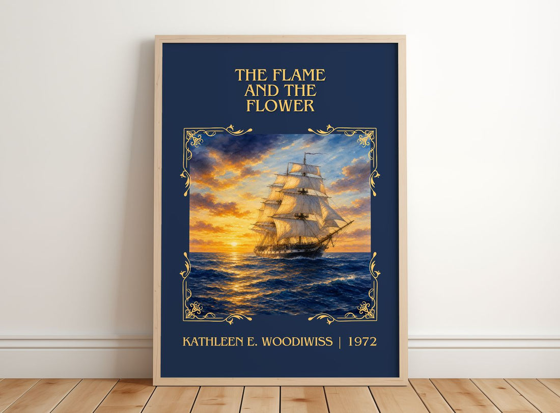 Flame and the Flower Classic Book Art Print by Kathleen E. Woodiwiss – framed print leaning on a wooden floor