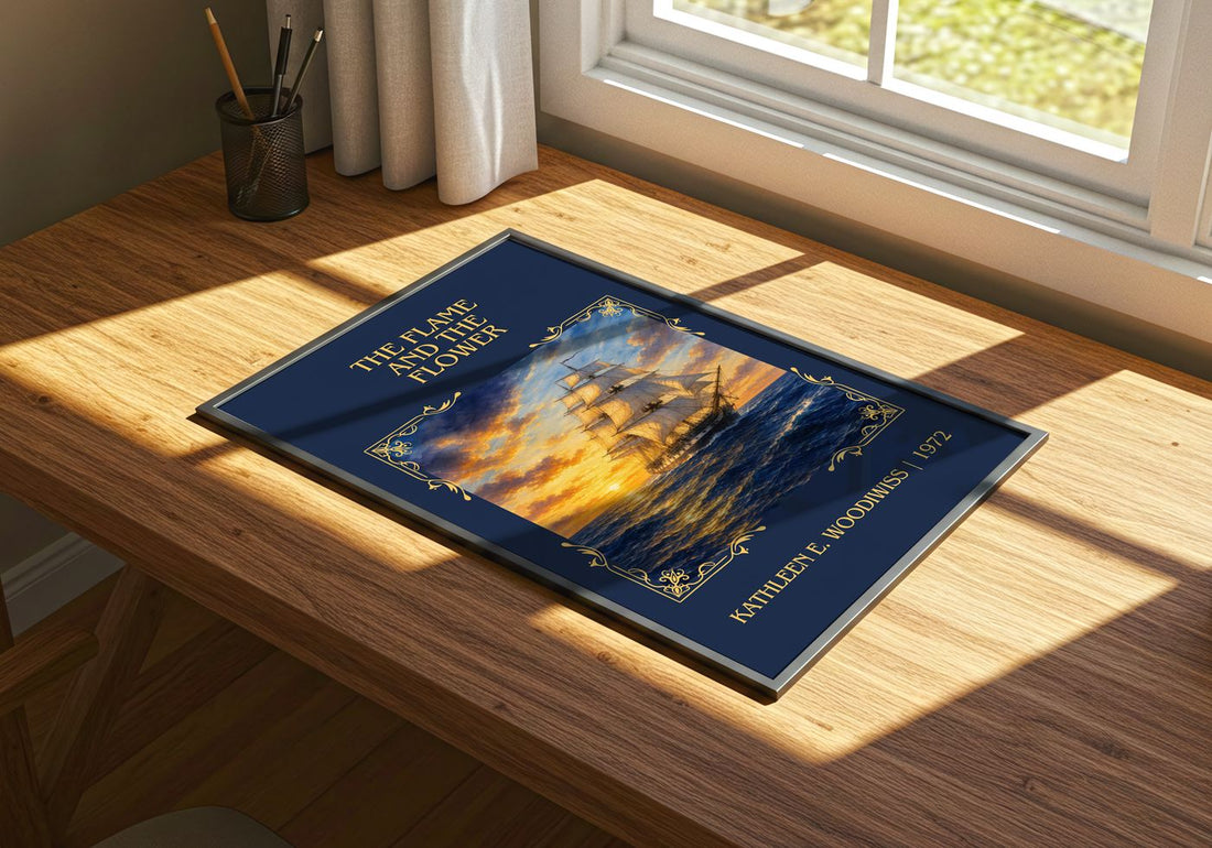 Flame and the Flower Classic Book Art Print by Kathleen E. Woodiwiss – print on a sunlit desk