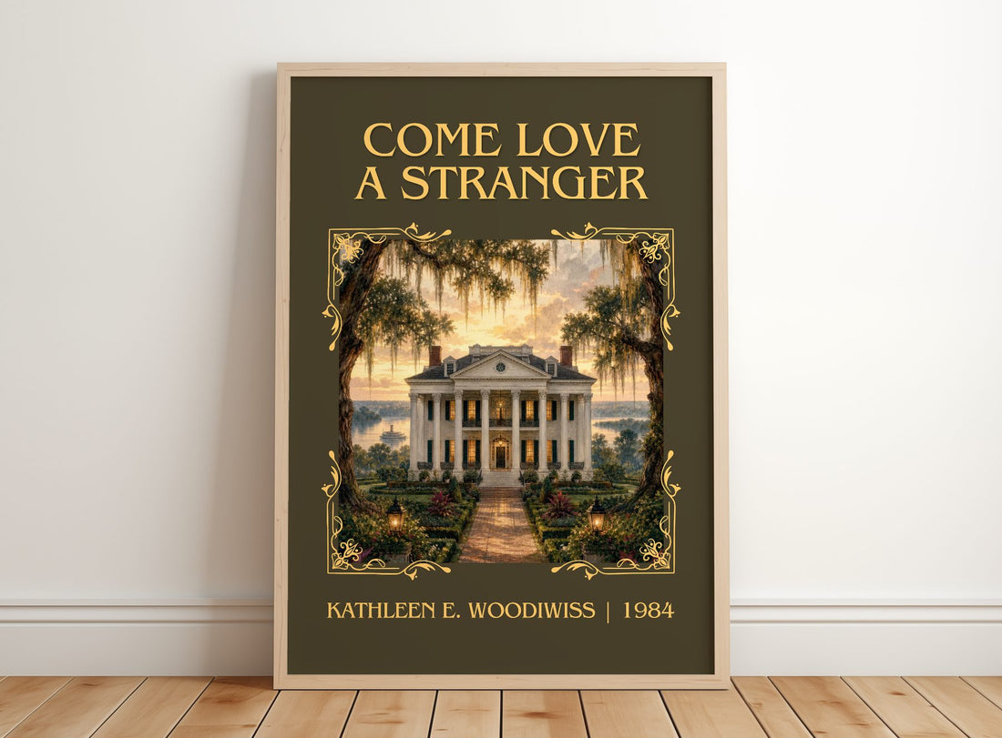 Come Love a Stranger Classic Book Art Print by Kathleen E. Woodiwiss – framed print leaning on a wooden floor