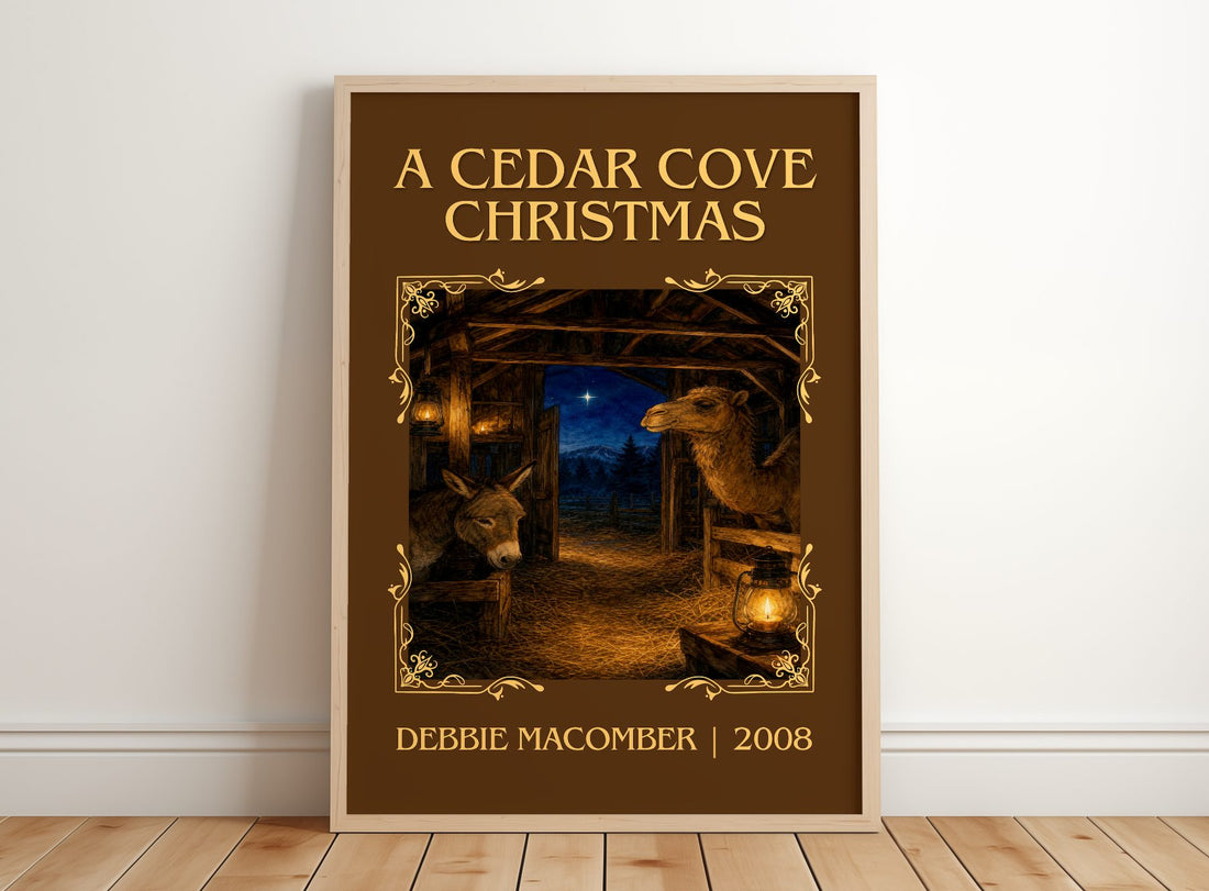 A Cedar Cove Christmas Classic Book Art Print by Debbie Macomber – framed print leaning on a wooden floor