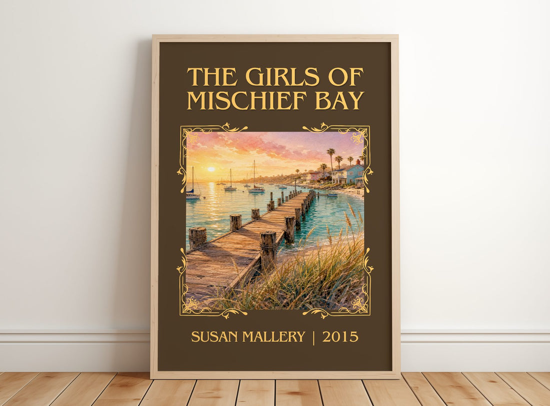 The Girls of Mischief Bay Classic Book Art Print by Susan Mallery – framed print leaning on a wooden floor