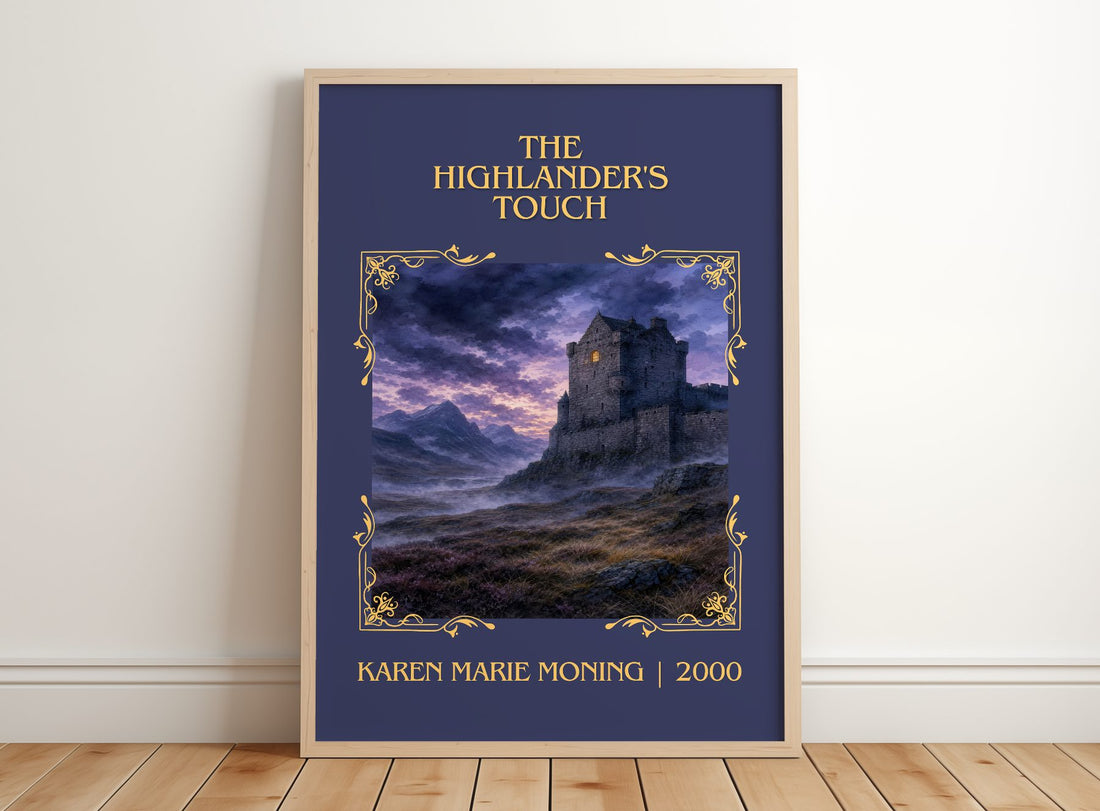 The Highlander's Touch Classic Book Art Print by Karen Marie Moning – framed print leaning on a wooden floor