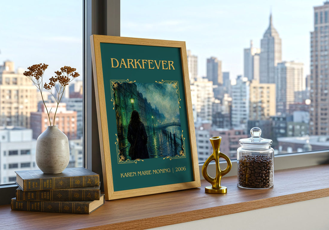 Darkfever Classic Book Art Print by Karen Marie Moning – framed print on a city-view windowsill