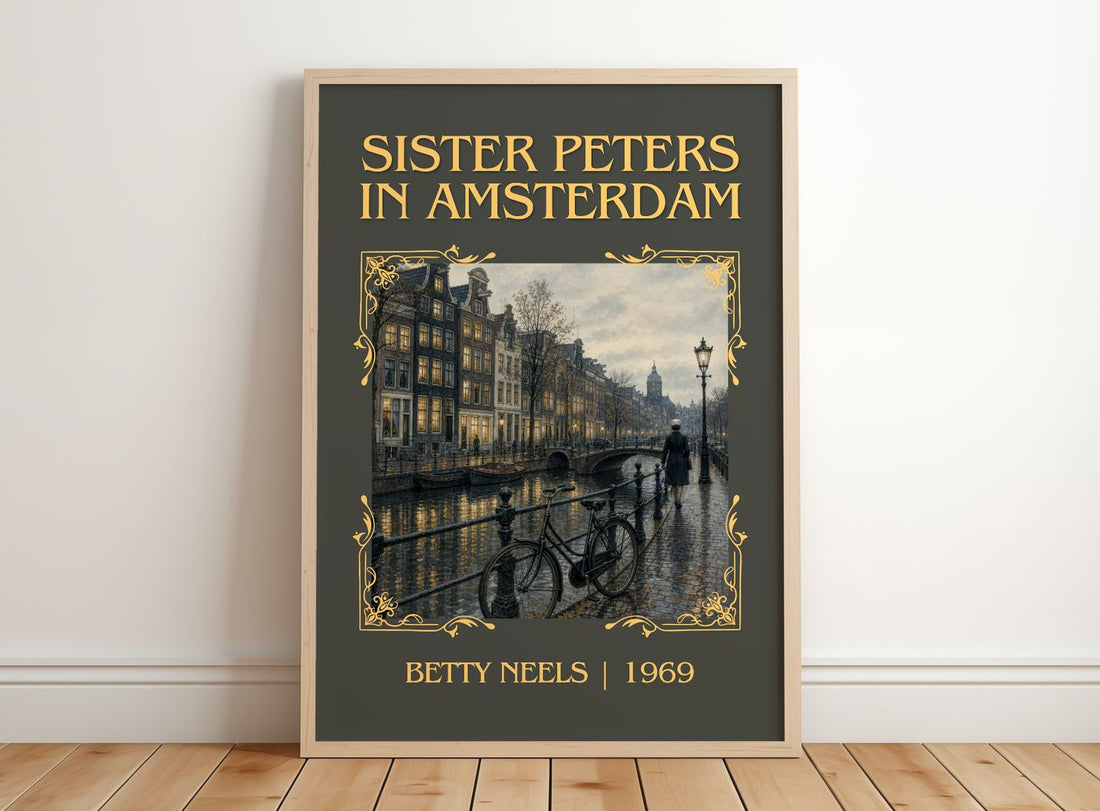 Sister Peters in Amsterdam Classic Book Art Print by Betty Neels – framed print leaning on a wooden floor