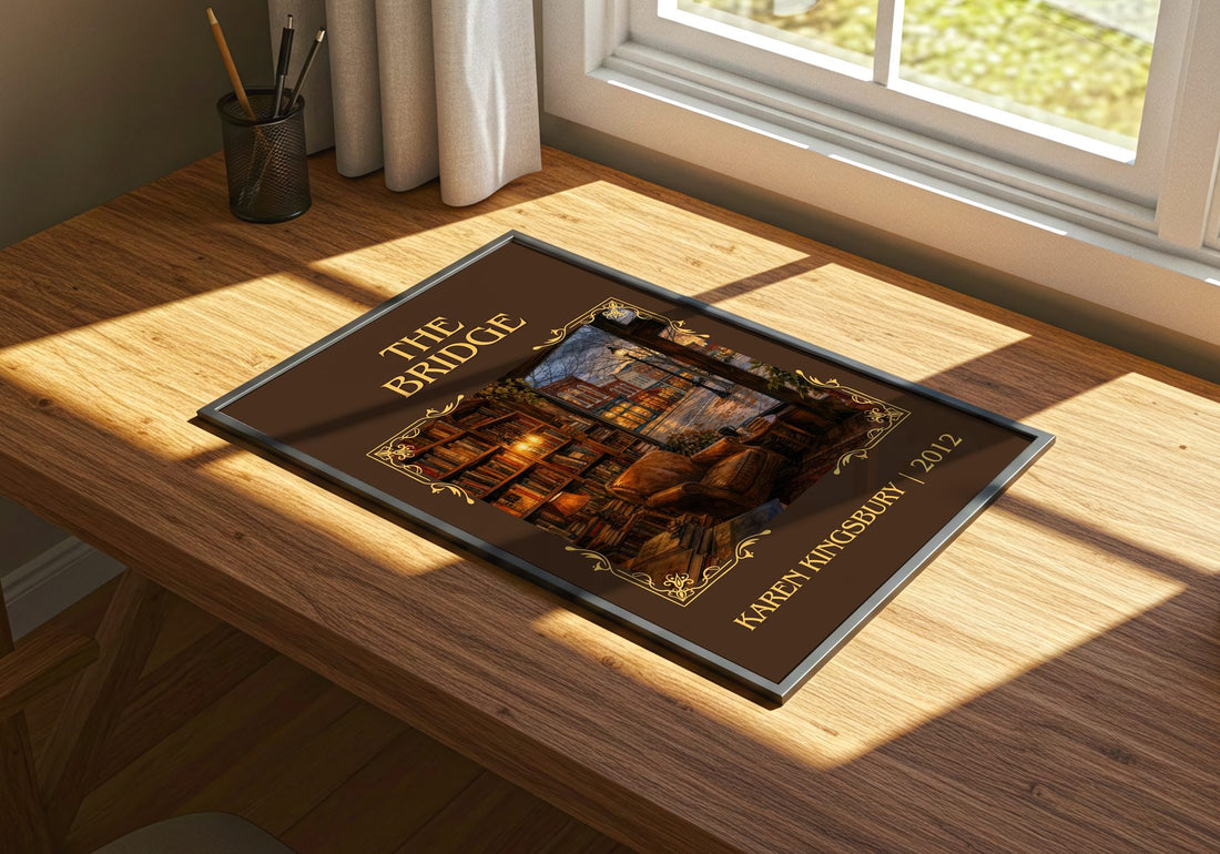 The Bridge Classic Book Art Print by Karen Kingsbury – print on a sunlit desk