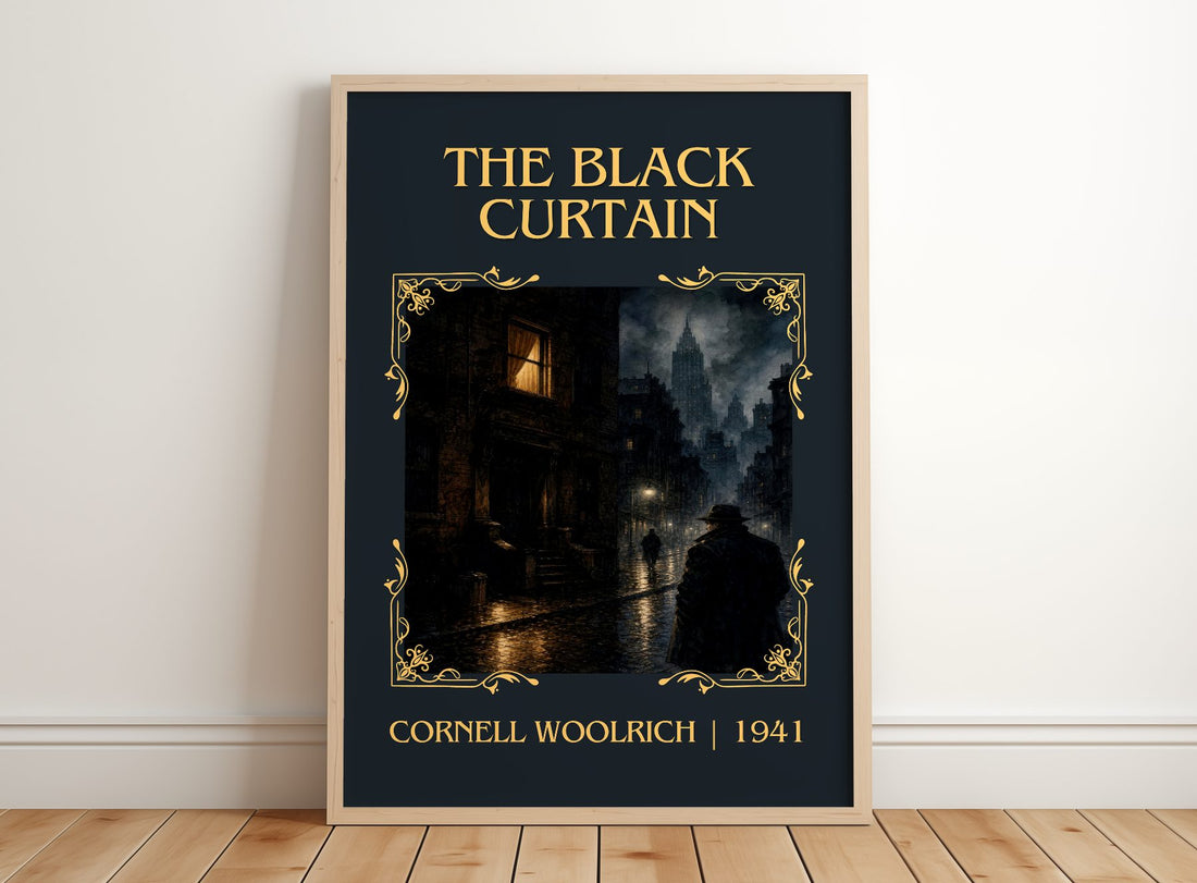 The Black Curtain Classic Book Art Print by Cornell Woolrich – framed print leaning on a wooden floor