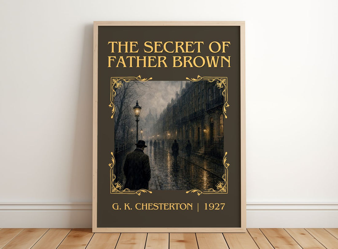 The Secret of Father Brown Classic Book Art Print by G. K. Chesterton – framed print leaning on a wooden floor