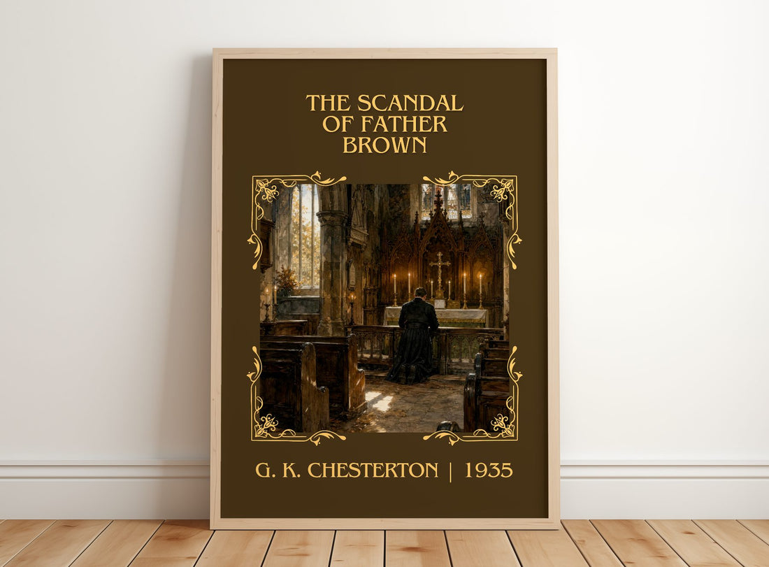 The Scandal of Father Brown Classic Book Art Print by G. K. Chesterton – framed print leaning on a wooden floor
