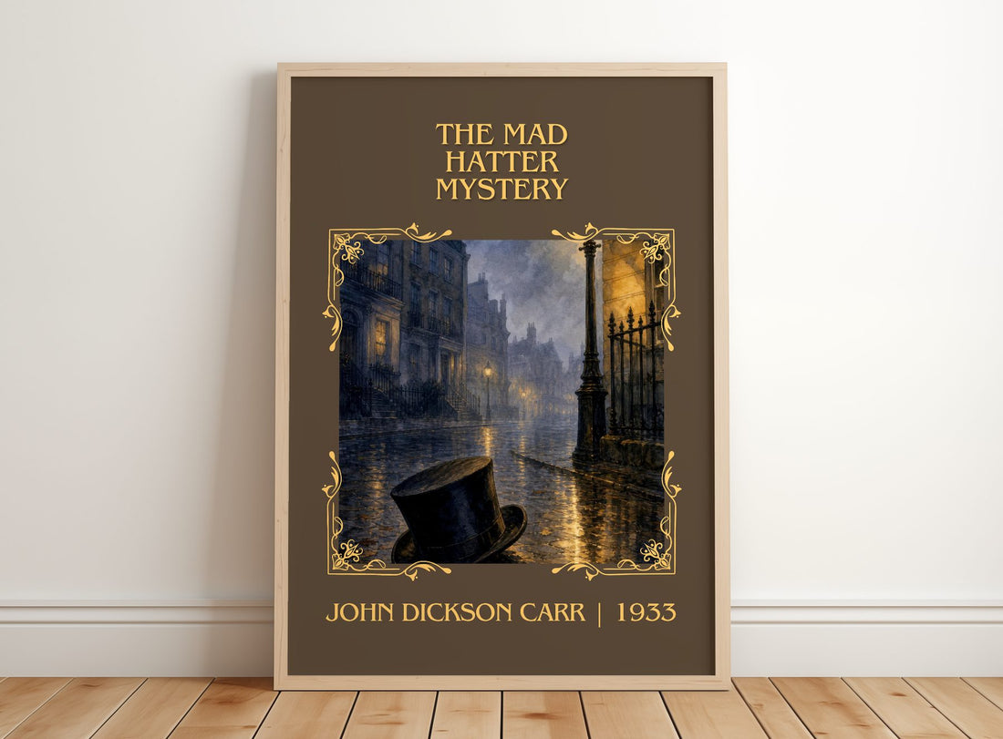 The Mad Hatter Mystery Classic Book Art Print by John Dickson Carr – framed print leaning on a wooden floor