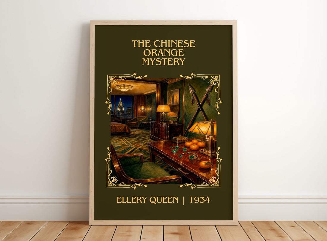 The Chinese Orange Mystery Classic Book Art Print by Ellery Queen – framed print leaning on a wooden floor