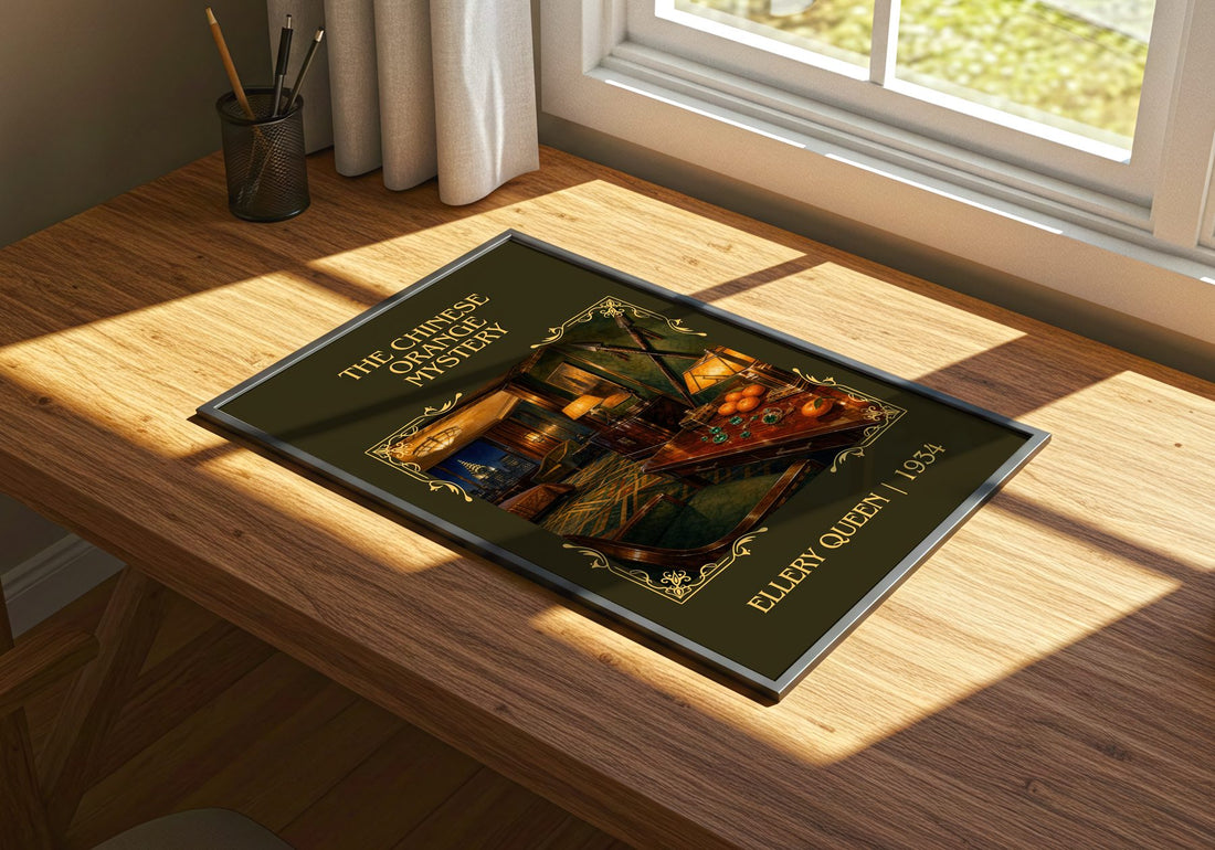 The Chinese Orange Mystery Classic Book Art Print by Ellery Queen – print on a sunlit desk