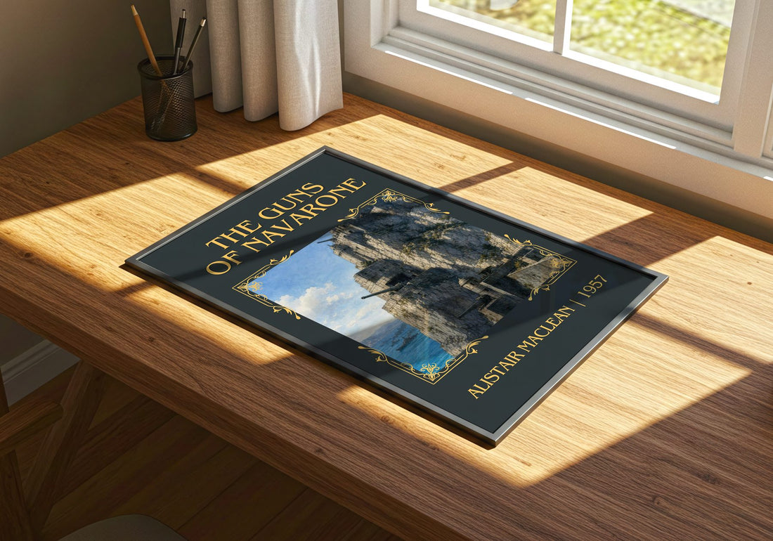The Guns of Navarone Classic Book Art Print by Alistair MacLean – print on a sunlit desk