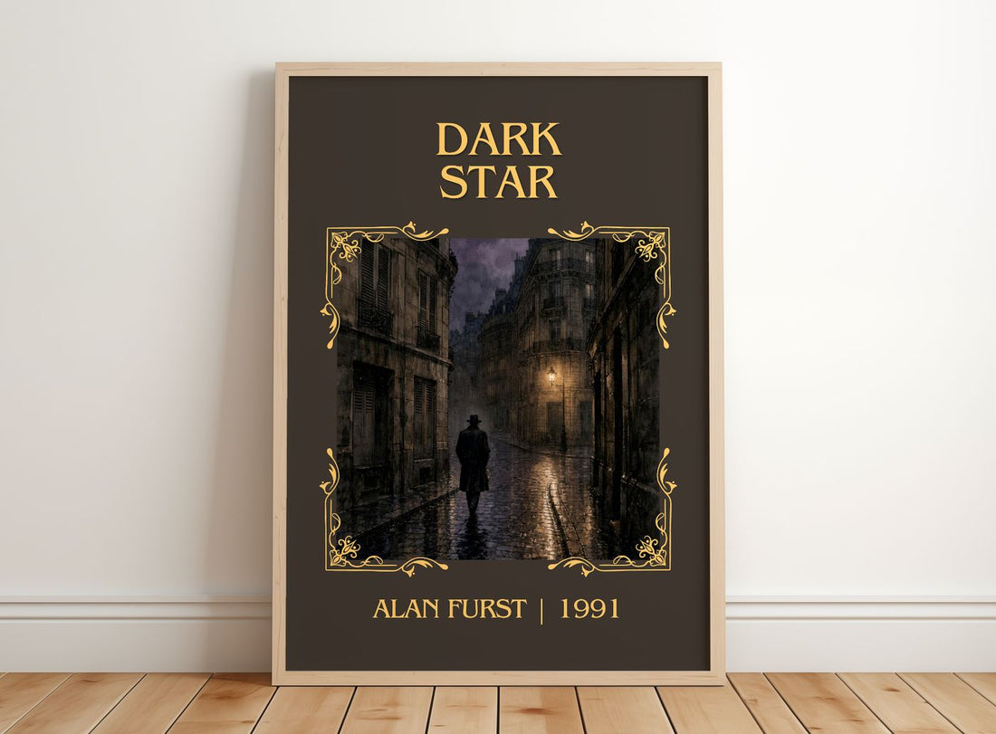 Dark Star Classic Book Art Print by Alan Furst – framed print leaning on a wooden floor