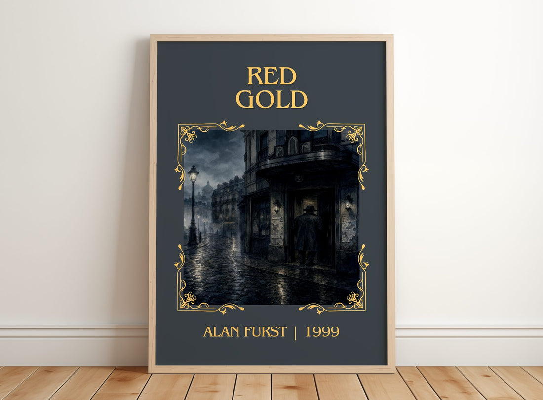 Red Gold Classic Book Art Print by Alan Furst – framed print leaning on a wooden floor
