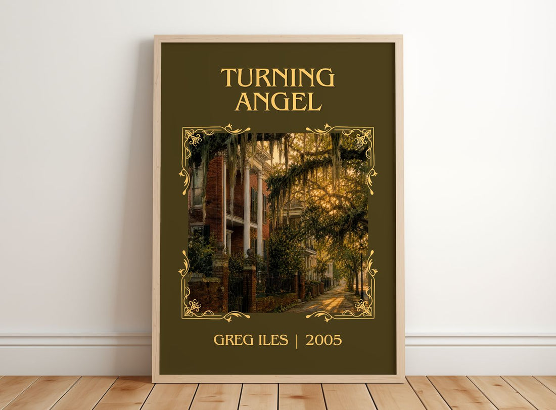 Turning Angel Classic Book Art Print by Greg Iles – framed print leaning on a wooden floor