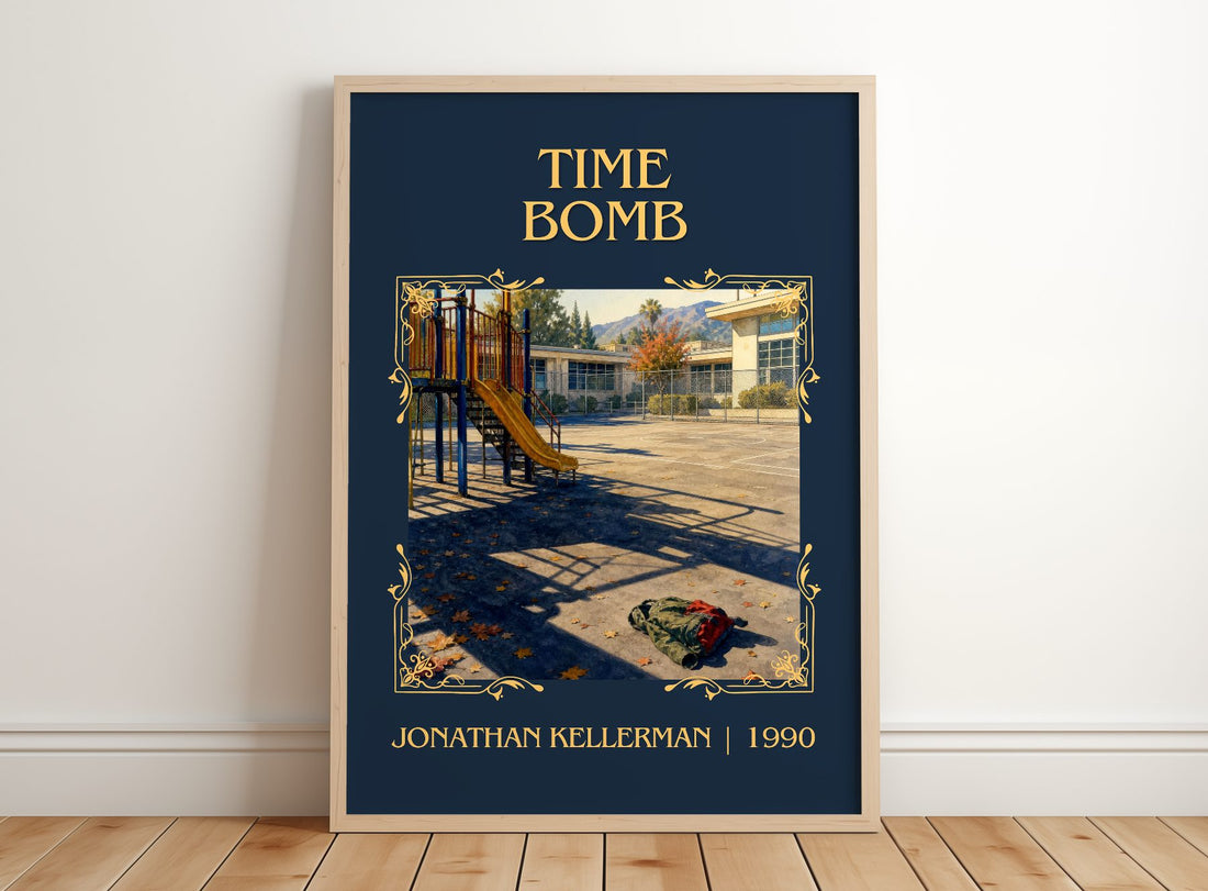 Time Bomb Classic Book Art Print by Jonathan Kellerman – framed print leaning on a wooden floor
