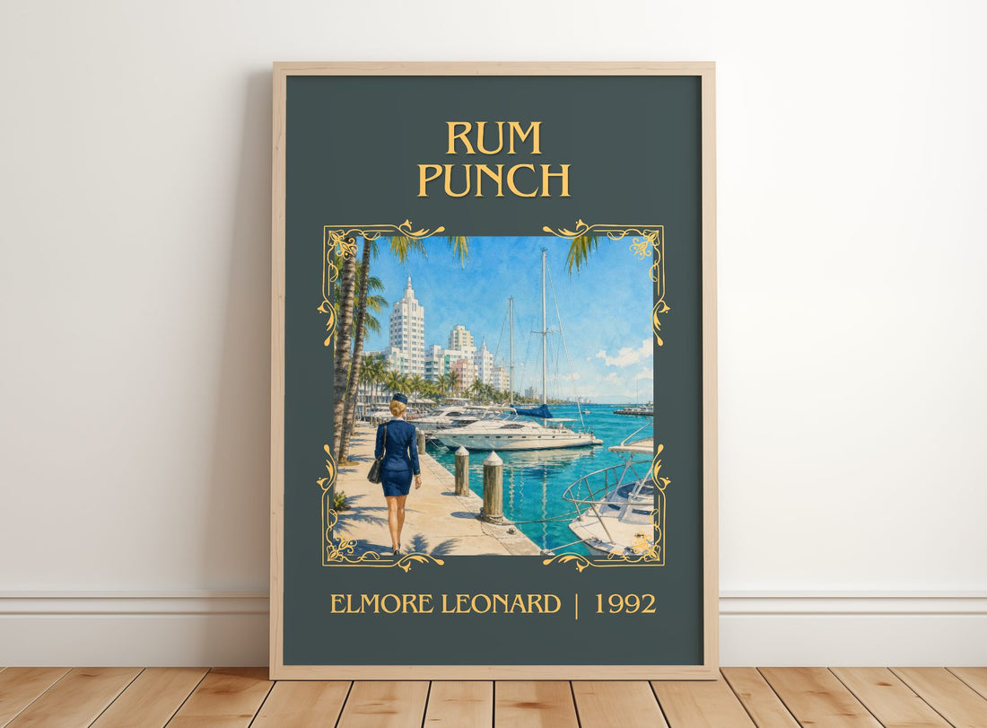 Rum Punch Classic Book Art Print by Elmore Leonard – framed print leaning on a wooden floor