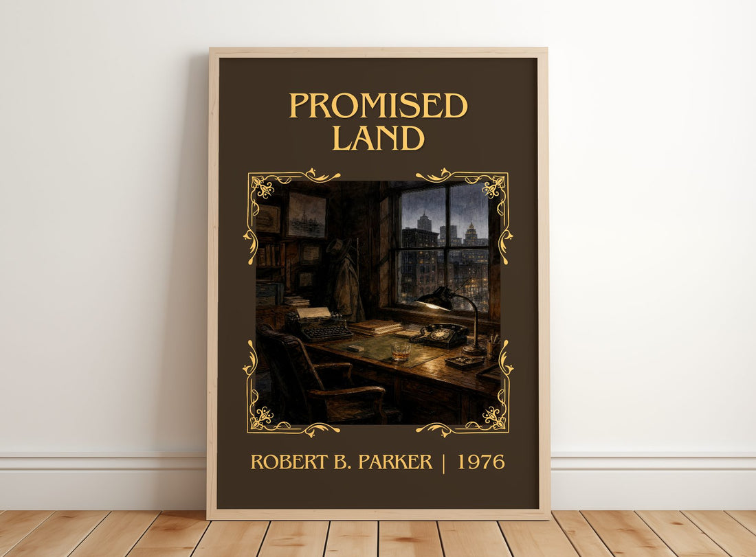 Promised Land Classic Book Art Print by Robert B. Parker – framed print leaning on a wooden floor