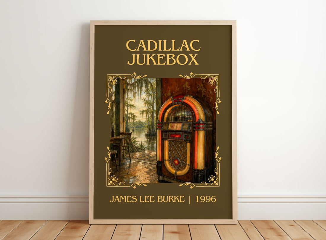 Cadillac Jukebox Classic Book Art Print by James Lee Burke – framed print leaning on a wooden floor