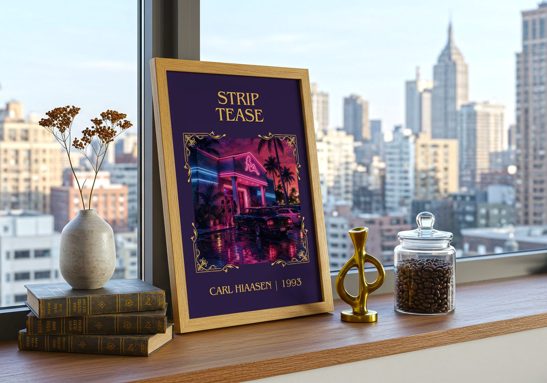 Strip Tease Classic Book Art Print by Carl Hiaasen – framed print on a city-view windowsill