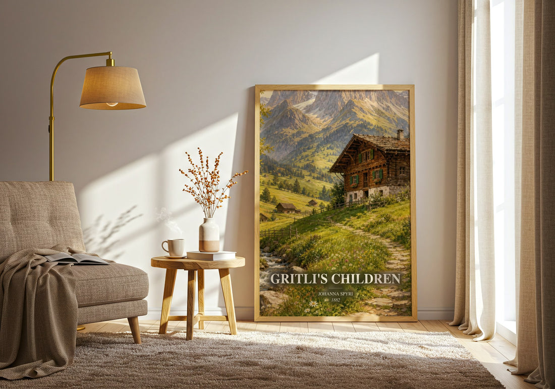 Gritli'S Children watercolour print in frame leaning in hallway – childrens wall art (mockup)