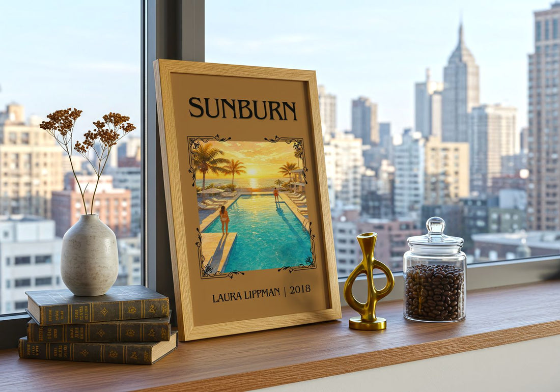 Sunburn Classic Book Art Print by Laura Lippman – framed print on a city-view windowsill