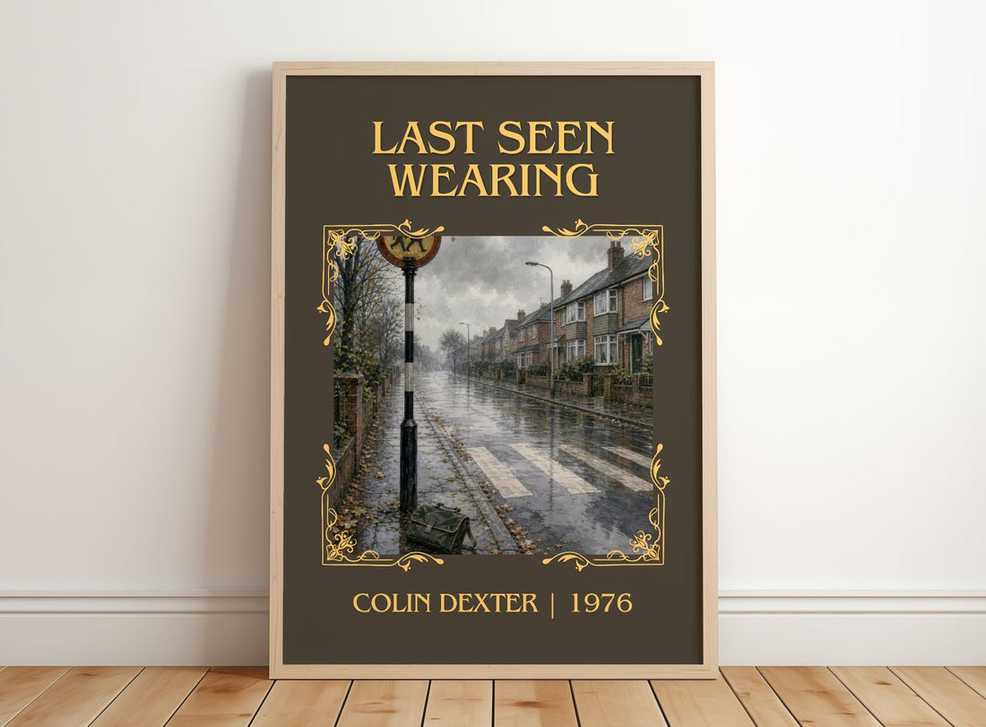 Last Seen Wearing Classic Book Art Print by Colin Dexter – framed print leaning on a wooden floor