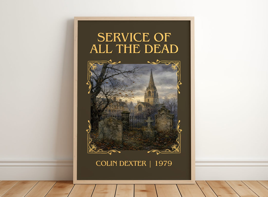 Service of All the Dead Classic Book Art Print by Colin Dexter – framed print leaning on a wooden floor