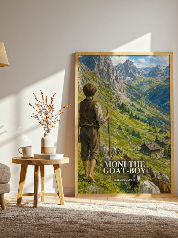 Moni The Goat-Boy watercolour print in frame leaning in hallway – childrens wall art