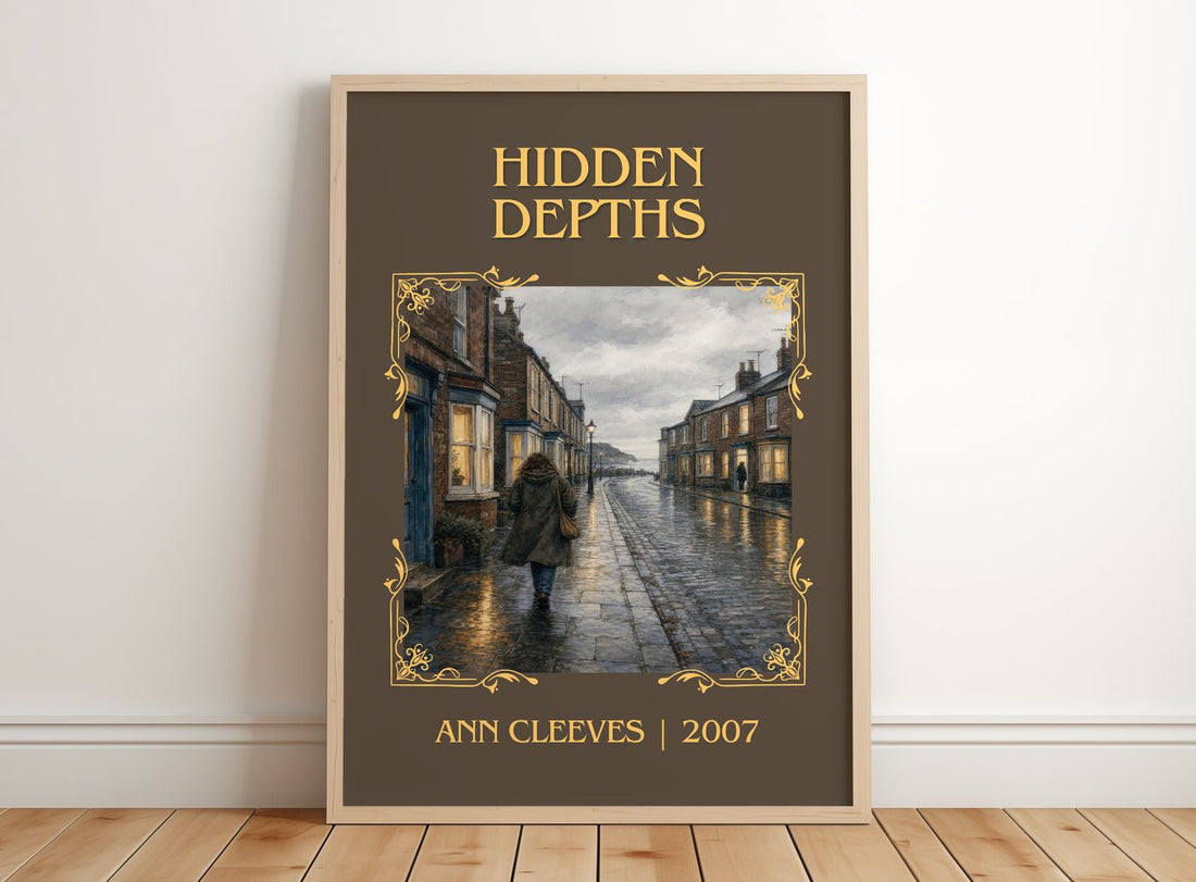 Hidden Depths Classic Book Art Print by Ann Cleeves – framed print leaning on a wooden floor
