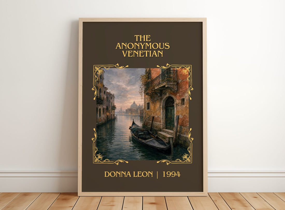 The Anonymous Venetian Classic Book Art Print by Donna Leon – framed print leaning on a wooden floor