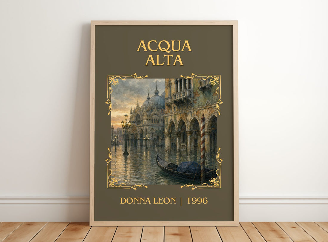 Acqua Alta Classic Book Art Print by Donna Leon – framed print leaning on a wooden floor