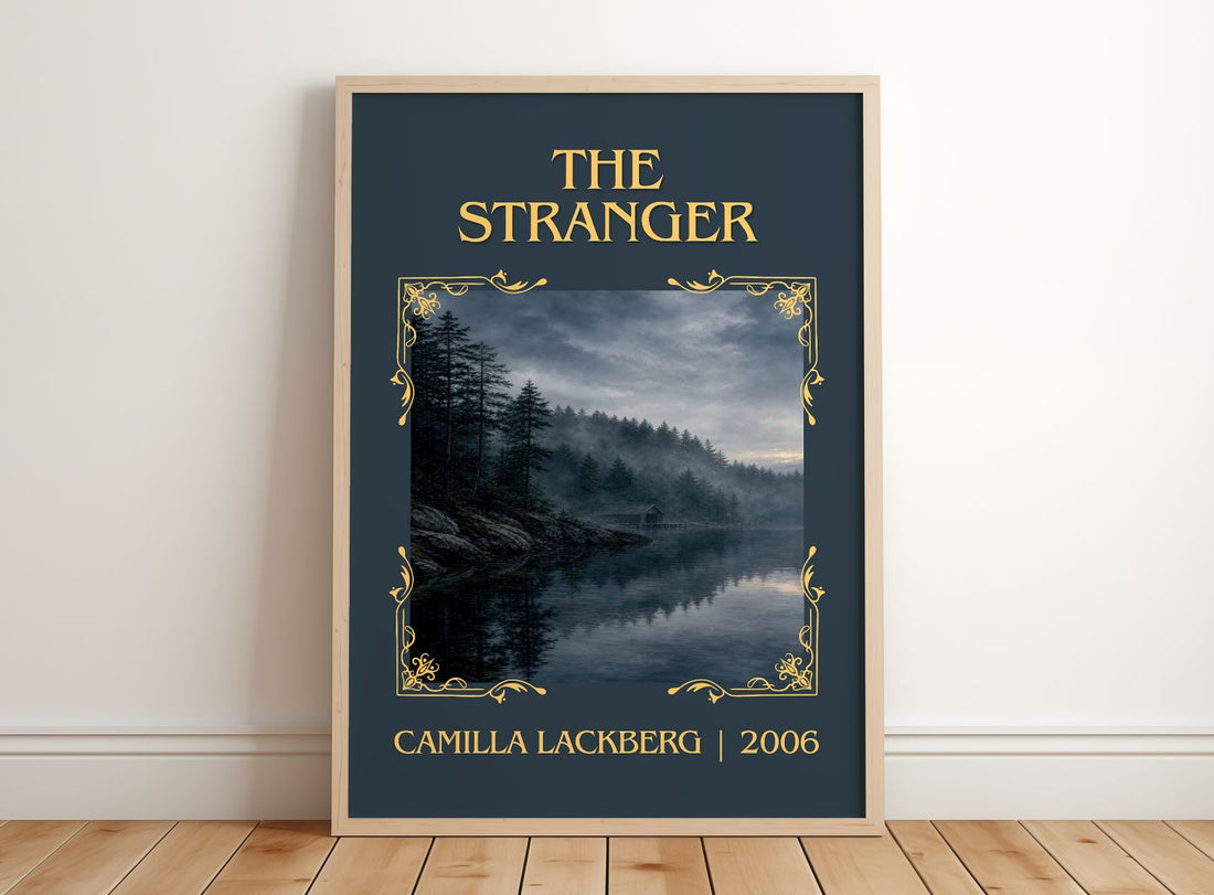 The Stranger Classic Book Art Print by Camilla Läckberg – framed print leaning on a wooden floor