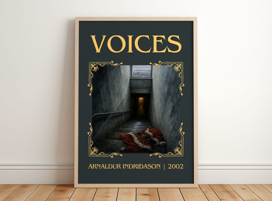 Voices Classic Book Art Print by Arnaldur Indriðason – framed print leaning on a wooden floor