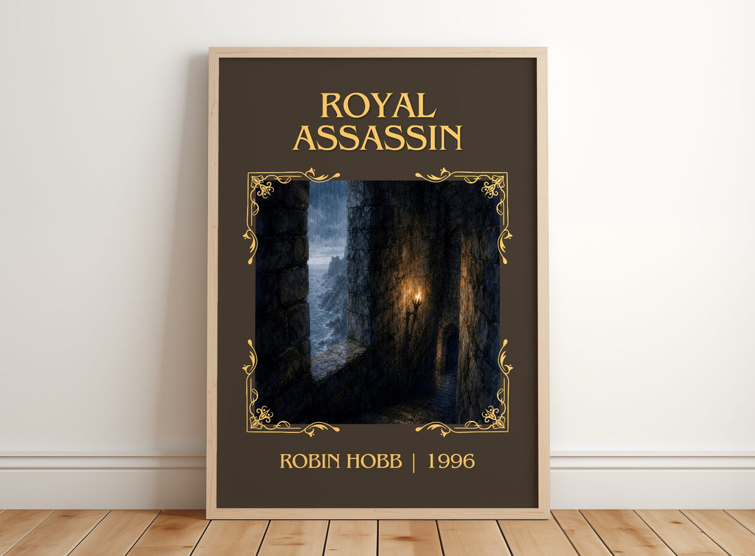 Royal Assassin Classic Book Art Print by Robin Hobb – framed print leaning on a wooden floor